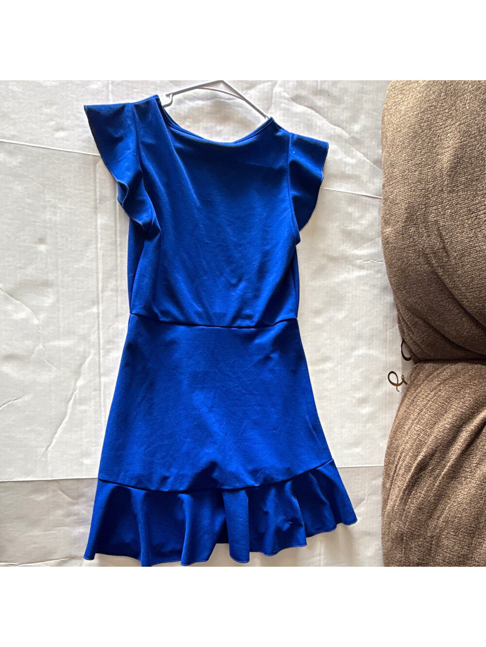 Women’s Blue Solid Round Neck Flutter Sleeve Ruffle Hem Knit Mini Dress S